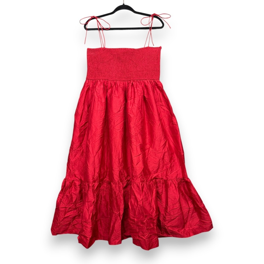 Dhruv Kapoor‎ Cerise Dress M Red Smocked Anthropologie Tie Straps Lined Midi